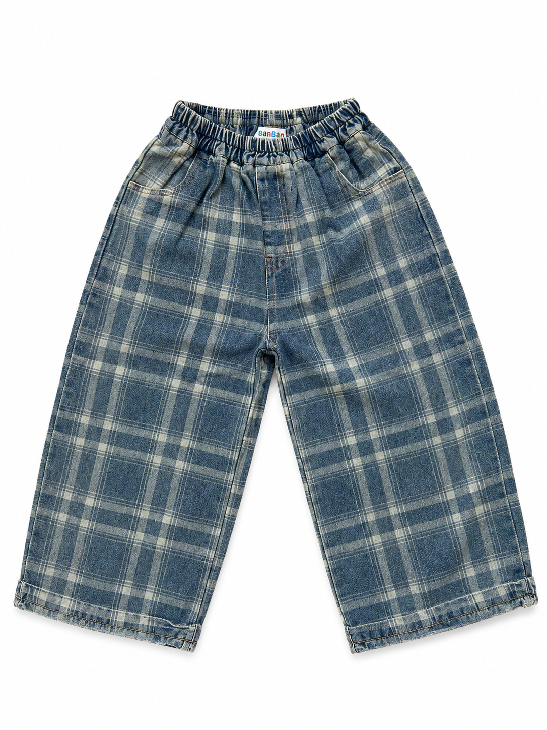 Blue Plaid Wide-Leg Trousers